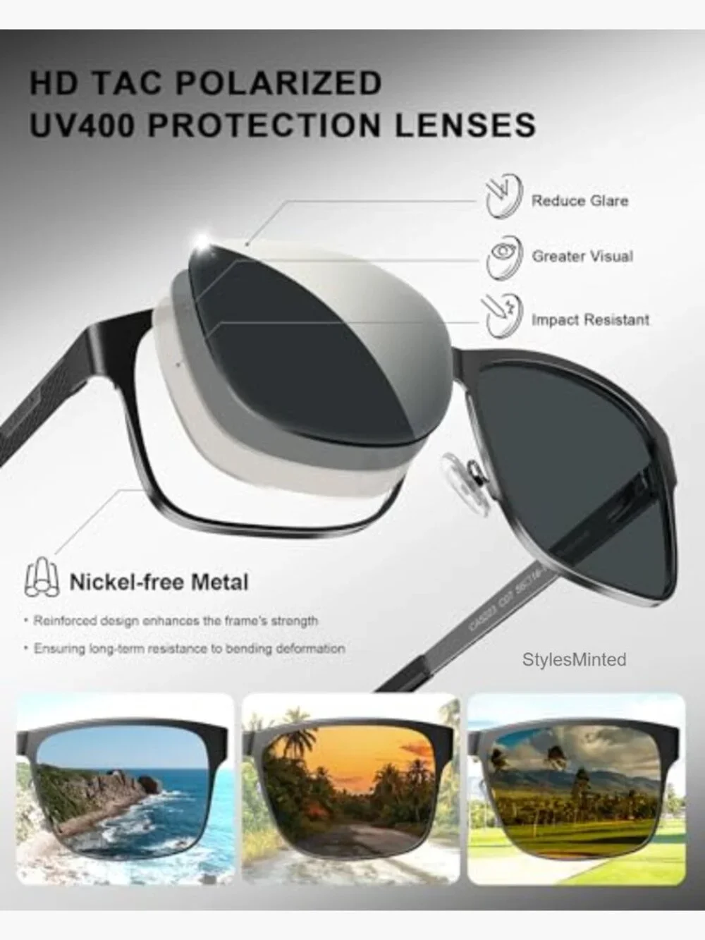 Metal Polarized Sunglasses UV400 Protection Spring Hinge Grid Temple